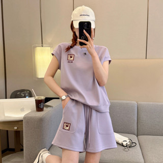 現貨 專櫃優品質推薦 女生衣著 刺繡小熊短袖上衣短褲兩件式套裝 新款韓版跑步服兩件套