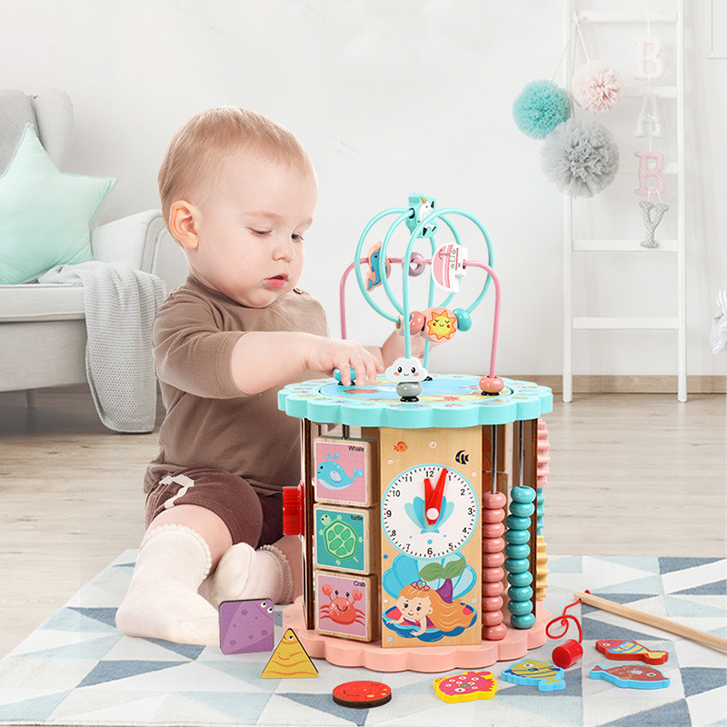 木特兒童遊戲串珠 玩具 多功能花型八面繞珠百寶箱早教木製益智玩具大號