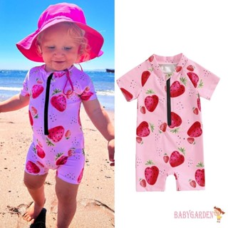 Baga-女嬰連體拉鍊泳裝夏季草莓印花短袖泳衣沙灘裝