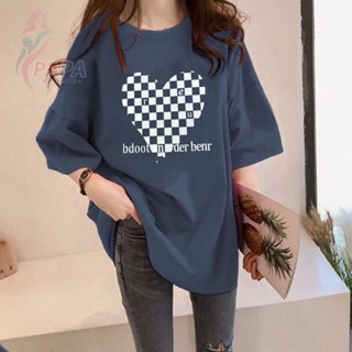 含棉寬松中長款t恤女夏短袖2025年新款心型黑白韓版愛心上衣ins潮 顯瘦上衣 遮肉t恤 大尺碼女裝上衣