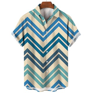 夏季男士夏威夷襯衫寬鬆大碼短袖3d格子條紋印花休閒酷上衣