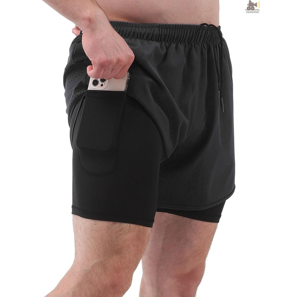 Snrx 男士運動短褲帶襯裡 2 合 1 帶口袋速乾跑步騎行健身短褲