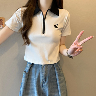 【hot 本舖】 m-xl 實拍 質量夏裝韓版寬鬆polo領拉鏈卡通刺繡大碼短袖t恤