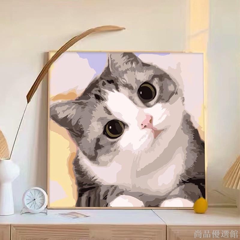 ✨限時✨20X20cm有框 貓咪 diy數字油畫 可愛歪頭小貓 兒童 動物 寵物 數字畫 狗狗 壁畫 掛畫 填色畫