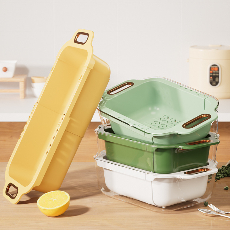 家用廚房收納籃 透明塑膠洗菜籃 PET可伸縮加厚雙層瀝水籃 水果籃 蔬菜籃