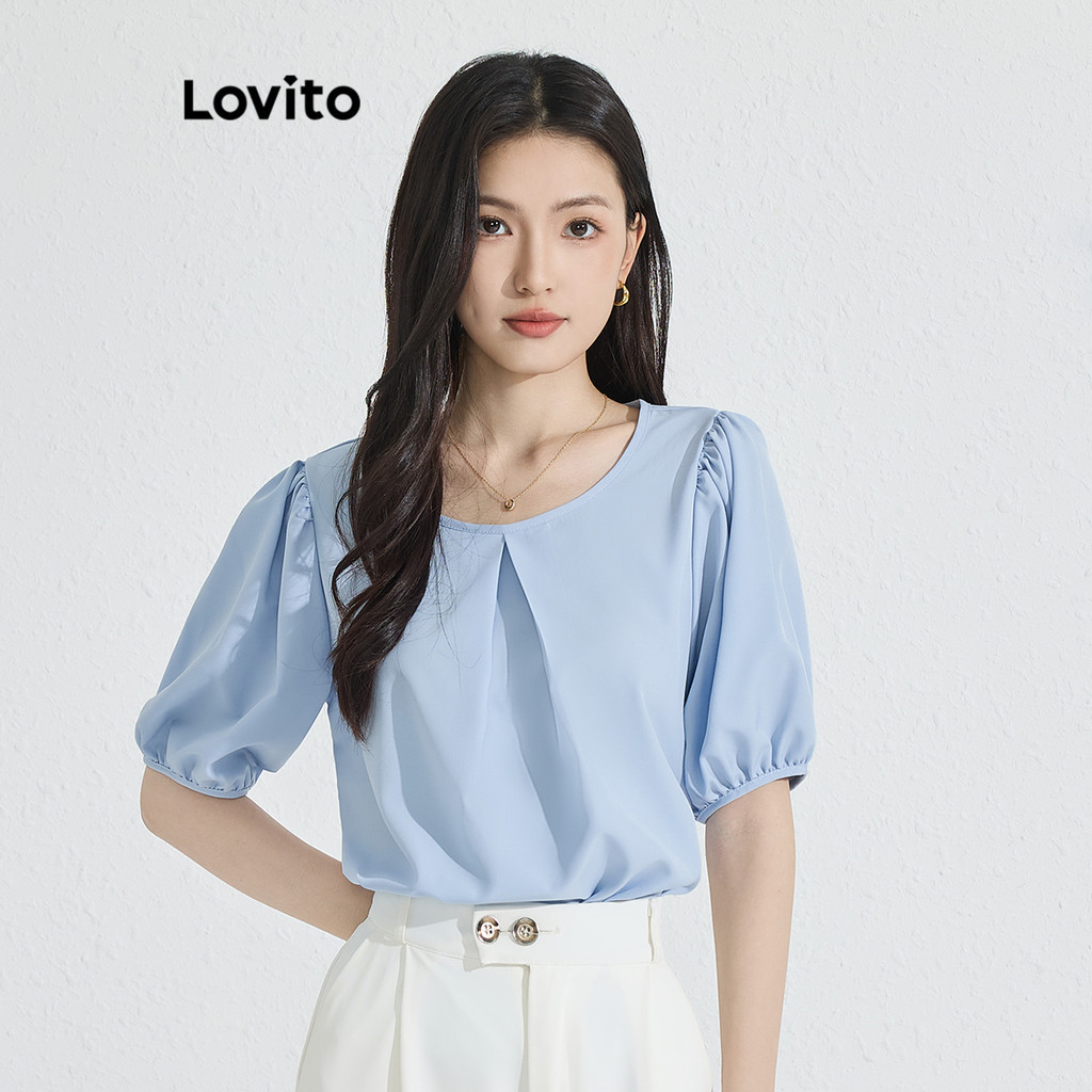 Lovito 女用優雅色調褶襉泡泡袖襯衫 L77ED186