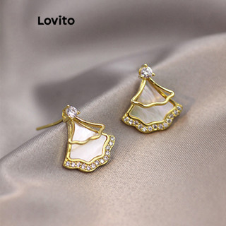 Lovito 優雅素色水鑽 S925 貝殼扇形質感好女士耳環 LFA78081