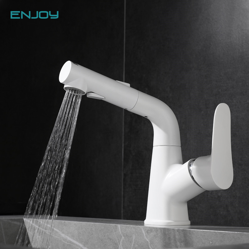 可調節全銅白色可旋轉水槽水龍頭,用於浴室櫃,帶拉出式冷熱水水龍頭