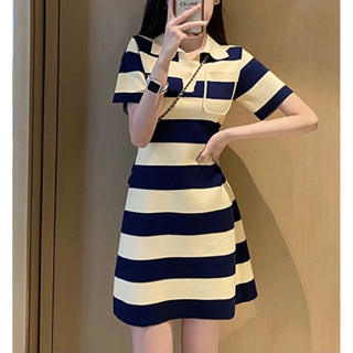 SN💕Polo洋裝女 夏季新款 法式復古高級設計感 小眾收腰顯瘦裙子 輕奢甜美風 撞色Polo領 針織洋裝 高腰氣質薄款