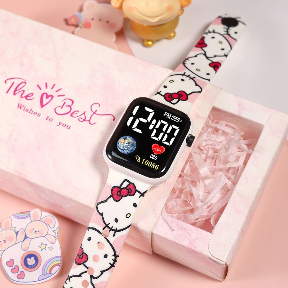 卡通 Hello Kitty 手錶 LED 電子數字手錶方形錶盤時尚學生運動數字手錶兒童按鈕卡通錶帶戶外手錶