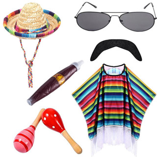 墨西哥披肩萬聖節披風cosplay舞會派對墨西哥帽子成人彩條斗篷夏威夷風格