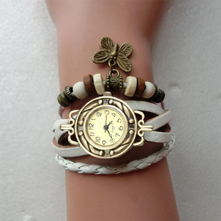 女士復古手鍊腕錶編織包裹人造皮革蝴蝶珠吊墜鏈