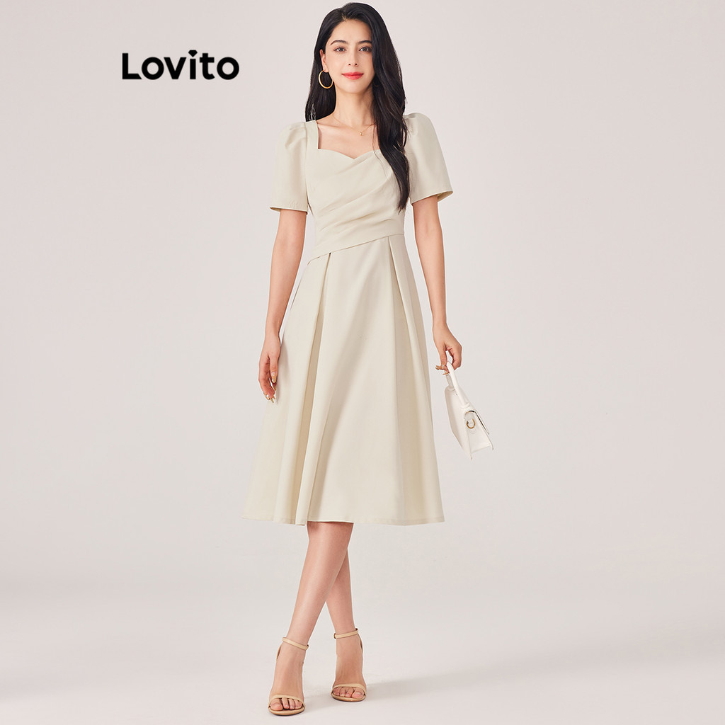 Lovito 女士休閒平紋裹身褶襉舞會禮服連身裙 L71ED176 (杏色/酒紅色)