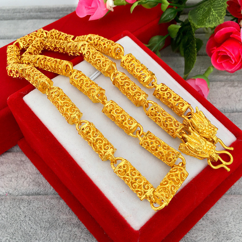 黃銅鍍金佛珠龍頭項鍊男士越南沙金鏤空龍鏈歐幣模擬金圓柱鏈