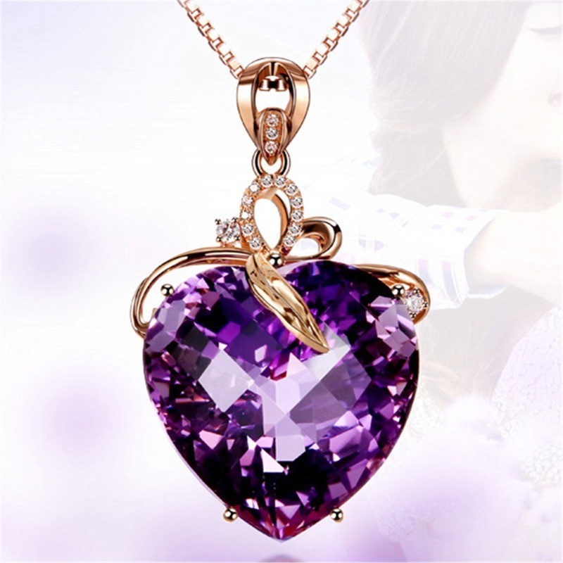熱賣心形紫水晶吊墜 鍍18K金彩色寶石天然紫鑽項鍊女鎖骨鏈