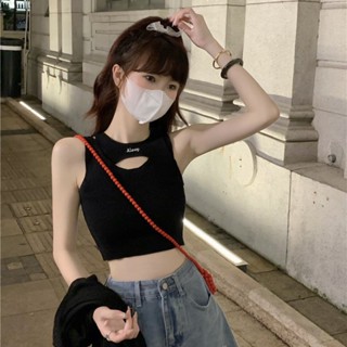 【HOT 本舖】女裝 假兩件無袖背心女外穿修身設計感心機鏤空短款露臍辣妹打底上衣夏