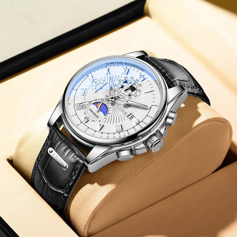 男士石英手錶時尚商務皮帶腕錶日月星辰多功能計時錶腕錶現貨禮物時尚休閒新款