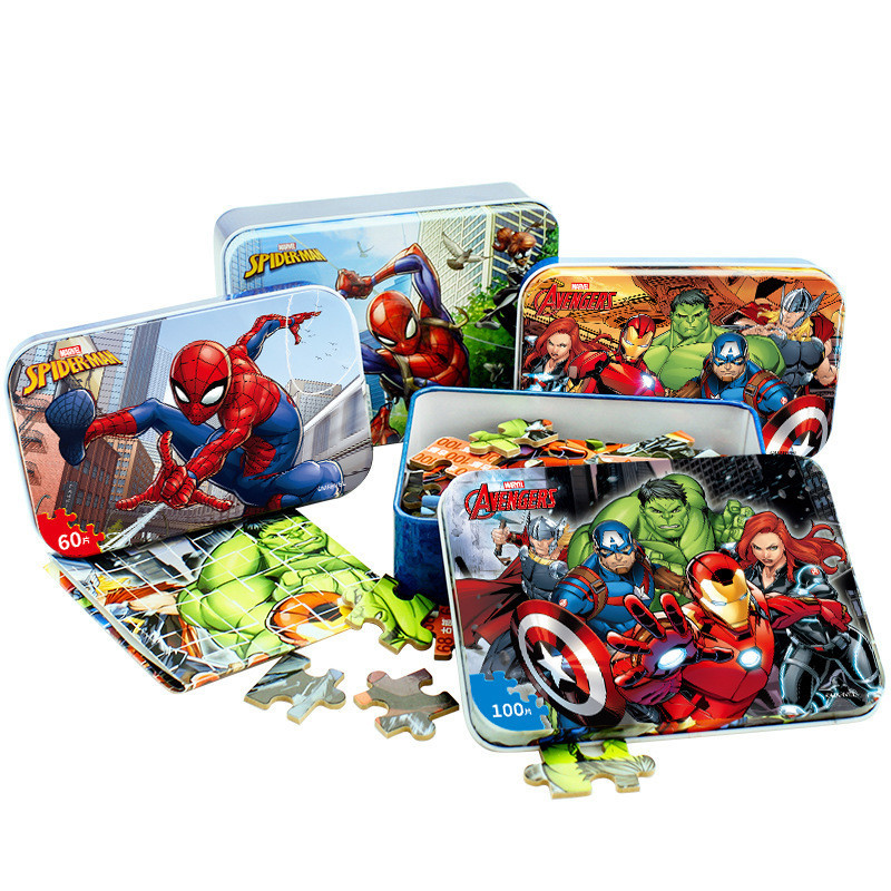 100 件裝拼圖帶鐵盒蜘蛛俠復仇者聯盟男孩拼圖兒童益智玩具