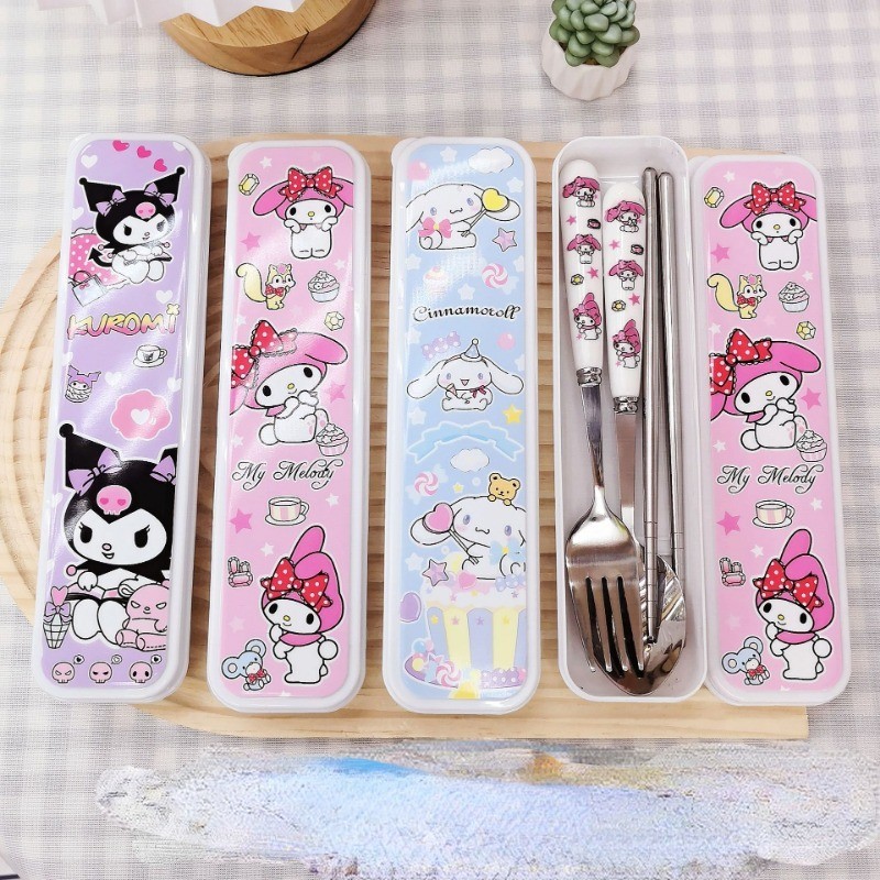 3 件套三麗鷗餐具套裝 Kuromi Cinnamoroll 卡哇伊卡通學生勺子筷子不銹鋼女孩禮物