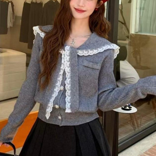 【H Kun】春季上新 法式 純色 蕾絲邊 針織開衫 女2025新款 係帶 翻領 拚接 上衣