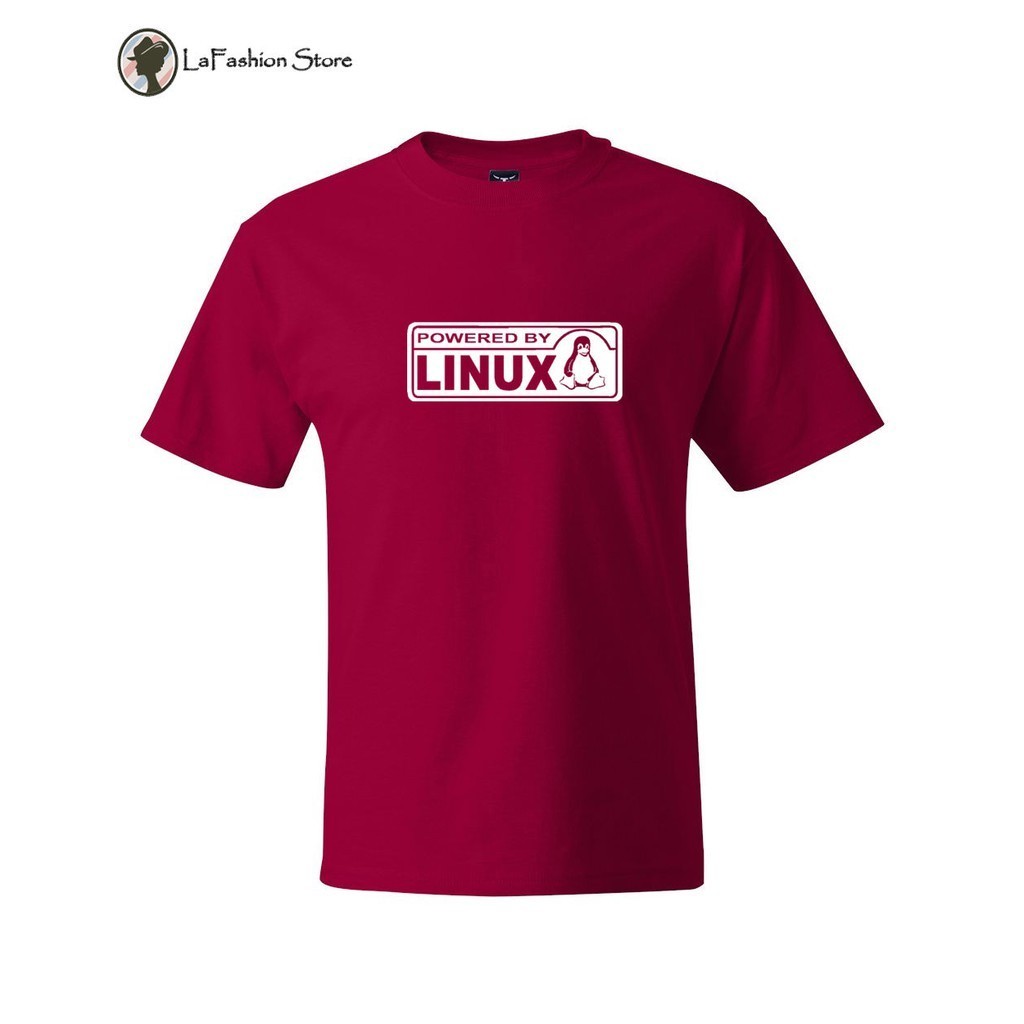 Powered By Linux Redhat Fedora Ubuntu Centos 電腦極客紅色休閒短袖上衣印花棉