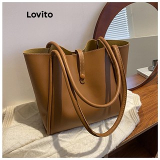 Lovito 優雅單肩托特包 素色兩件式徽章包 大容量通勤單肩托特包 女士 LFA08611 （卡其色/棕色/黑色）