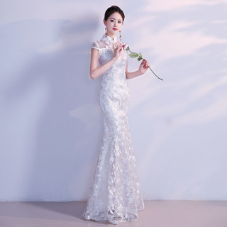 白色魚尾旗袍改良版洋裝女年輕款走秀少女中國風晚禮服長款氣質