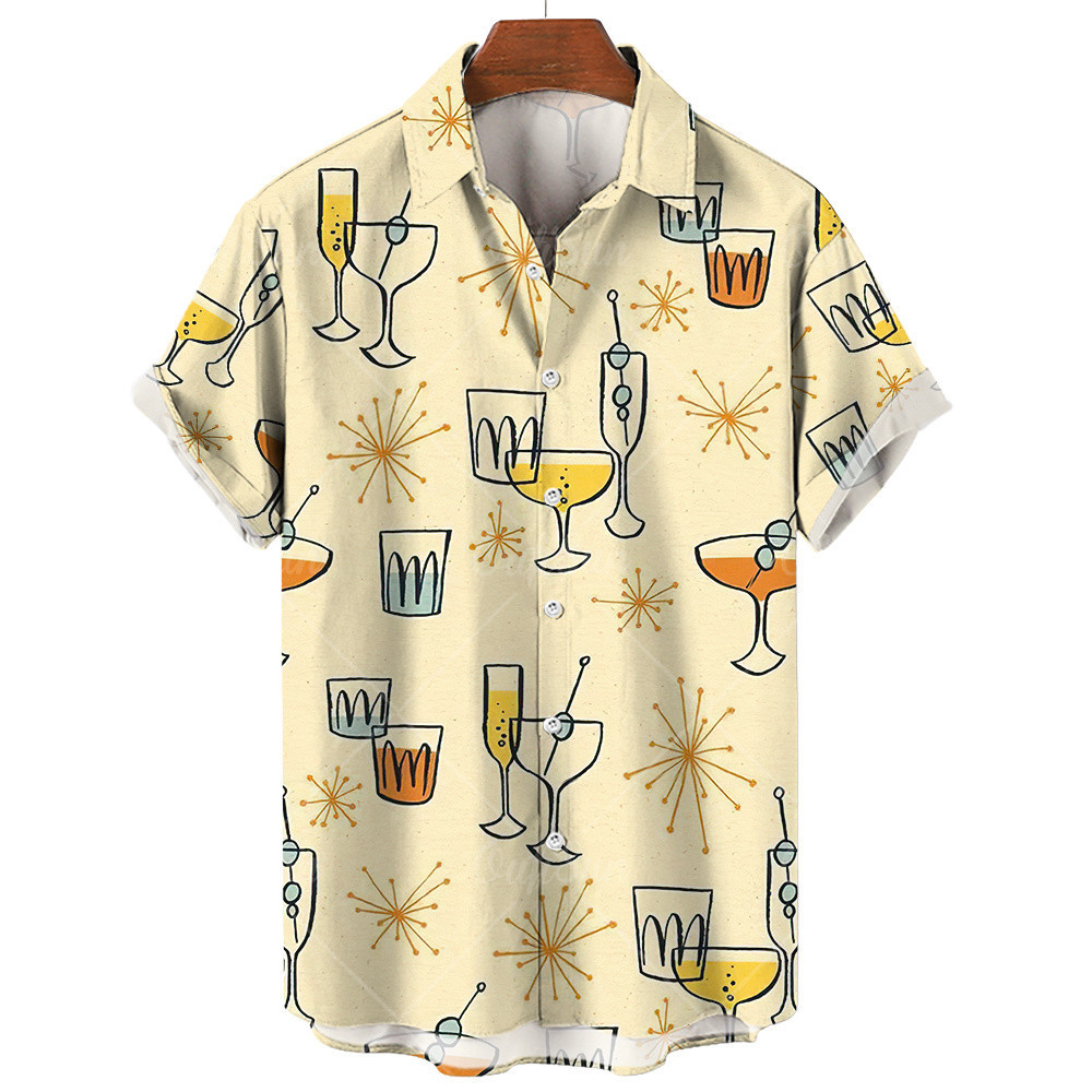男士舒適柔軟襯衫夏季海灘派對牛角杯印花短袖襯衫超大號歐洲尺碼上衣服裝(5xl)