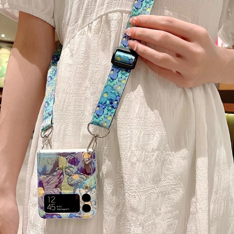 韓國水彩油畫花朵+肩帶掛繩 三星 Samsung Galaxy Z Flip 5 Flip 4 3 折疊機 手機殼保護套