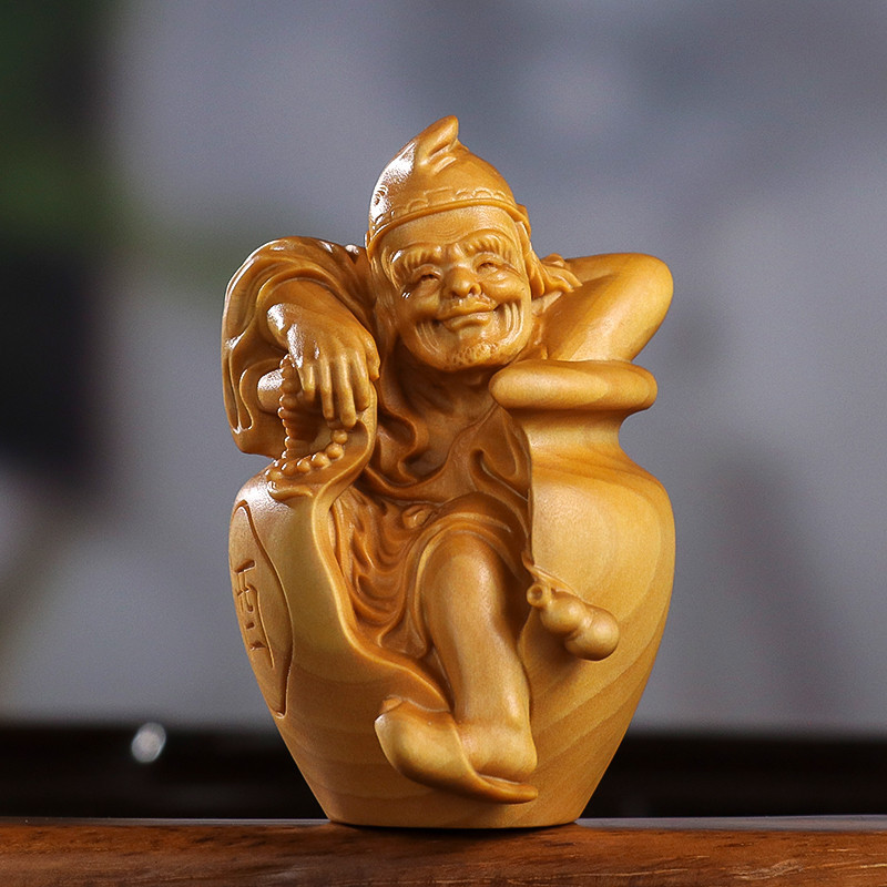黃楊木雕手把件新中式家居裝飾活佛神像人物濟公醉酒實木工藝擺件