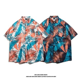 海灘碎花襯衫短袖男夏季薄款寬鬆復古外套襯衫