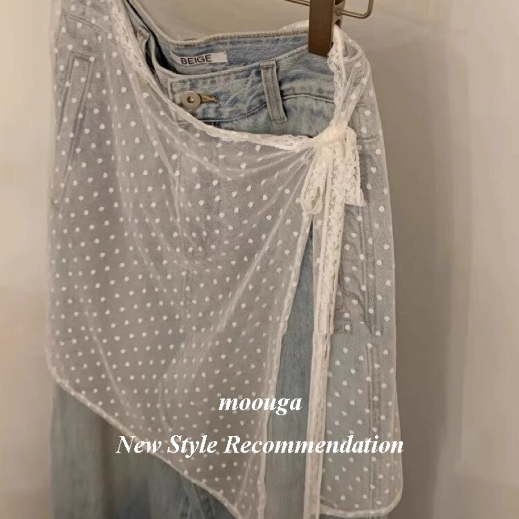 moouga / 夏季韓版設計感小眾牛仔褲屁簾蕾絲圍裙疊穿綁帶百搭網紗半身裙女