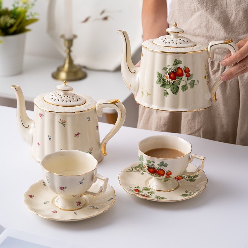 歐式陶瓷杯碟组 咖啡杯盤組 咖啡杯 英式下午茶杯茶壺套裝 陶瓷茶杯 茶杯組 花茶杯 泡茶陶瓷壺 陶瓷茶壺