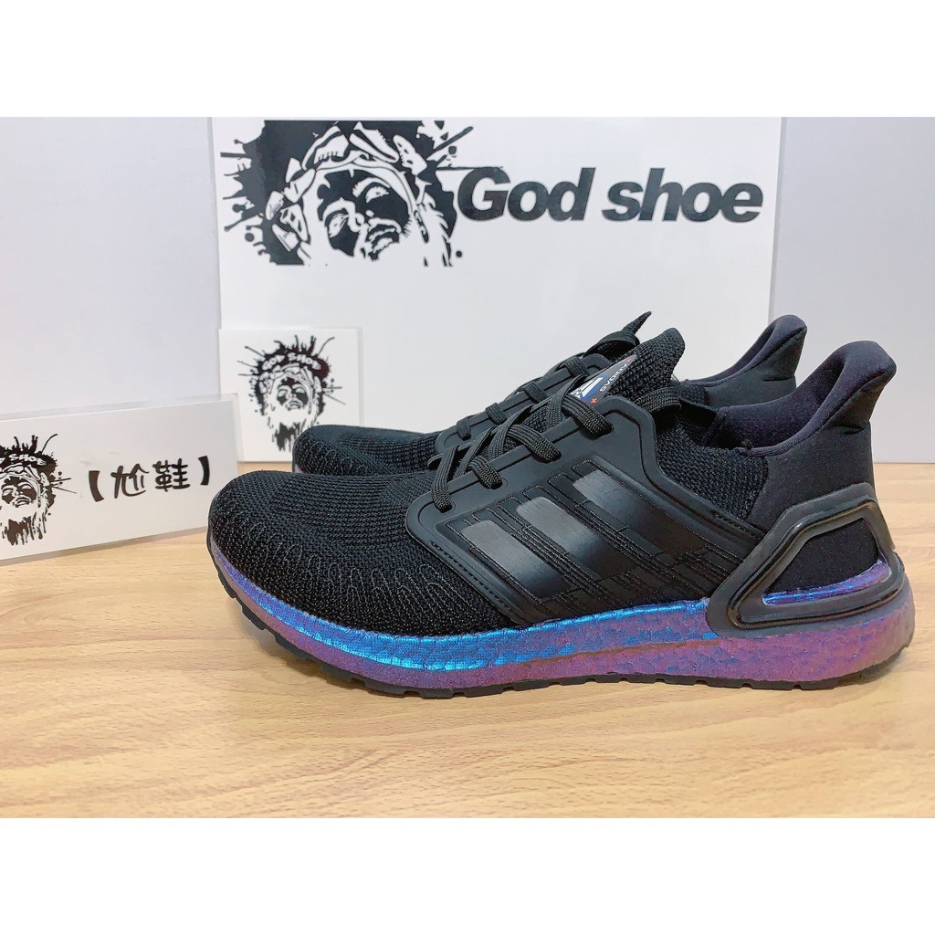 愛迪達 Edda高品質阿迪達斯ultra Boost 20黑紫全電鍍變色龍漸變牌馬網慢跑襪eg1341