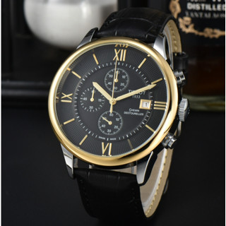 TISSOT 天梭設計天梭三眼石英機芯多功能錶盤皮革手鍊手錶男士黑色錶盤