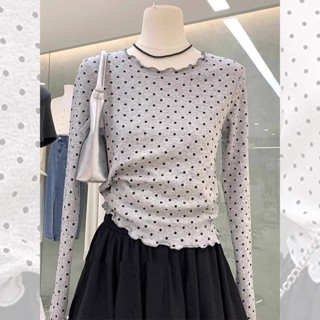 白領麗人 韓系灰色波點木耳邊上衣女春秋甜辣chic緊身內搭通勤打底長袖t恤