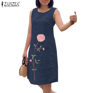 Zanzea 女士韓版日常休閒刺繡圓領拉鍊無袖連衣裙
