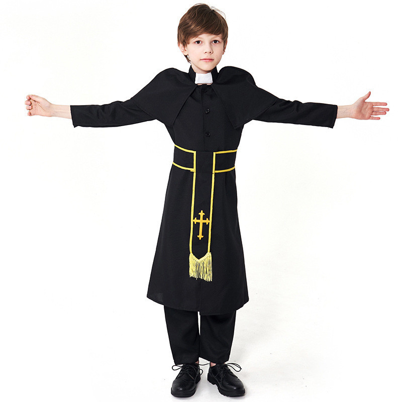 兒童牧師服 六一節兒童黑色長袍 角色扮演服 cosplay 舞臺劇服飾 兒童造型