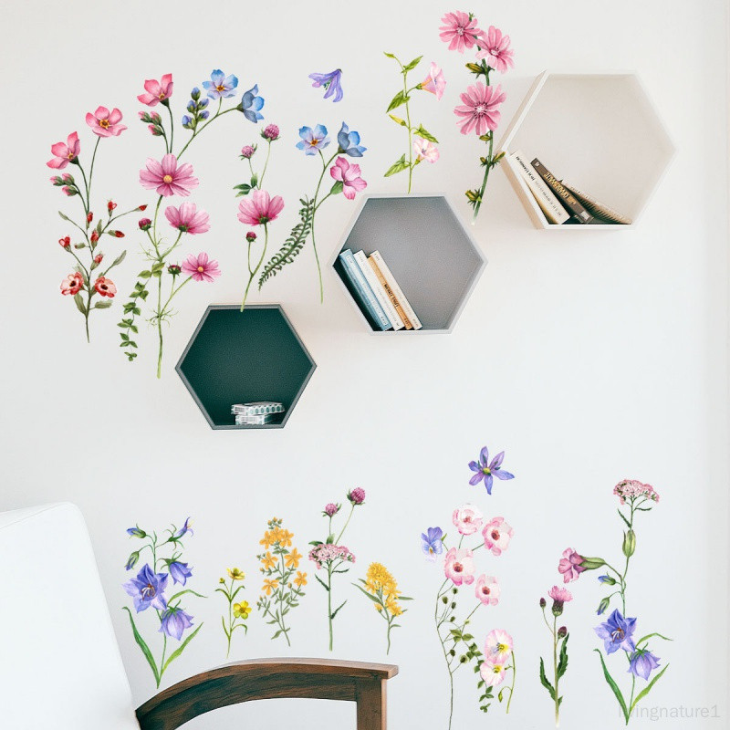 創意植物牆貼 粉色花朵臥室床頭玄關 踢腳線沙發背景裝飾貼畫