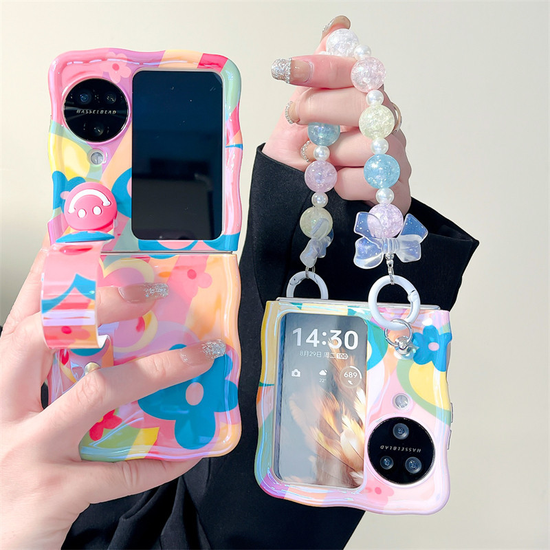 Oppo Find N2 N3 Flip 塗鴉花朵手鍊折疊手機殼波浪邊軟膠手機殼