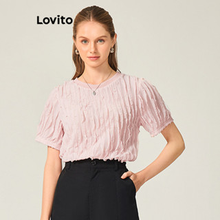 Lovito 女式休閒素色褶皺T恤 L71ED034 (粉紅色)