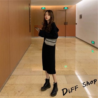 【現貨速發】 【DIFF】韓版寬鬆長版針織連帽針織上衣 毛衣 長袖上衣 女裝 衣服 寬鬆上衣 顯瘦上衣 冬裝 連衣裙【S