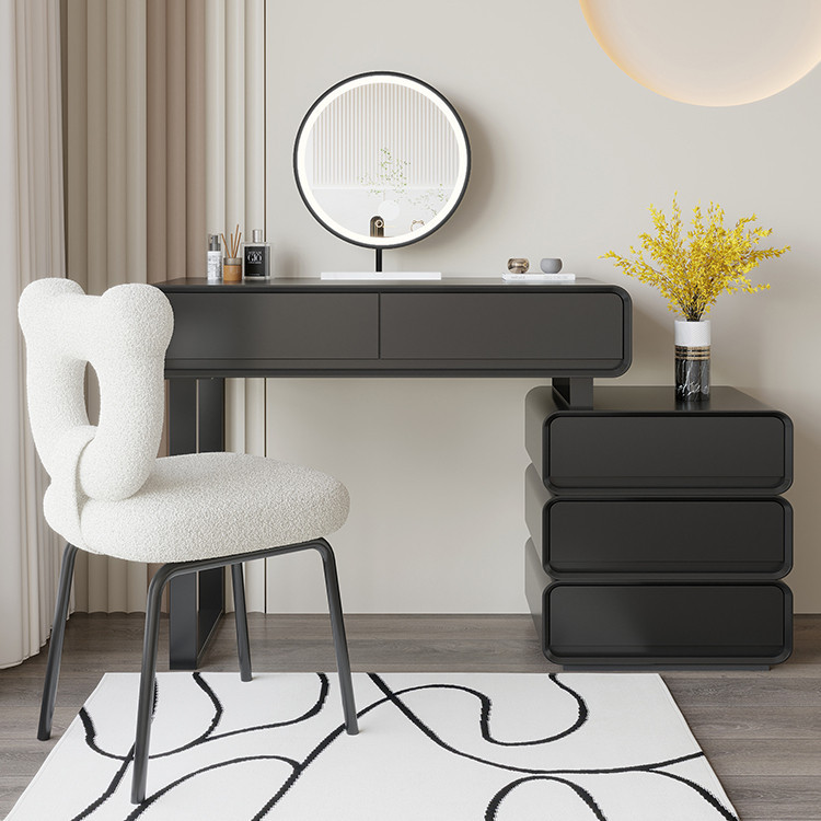 高品質 免組裝 黑色梳妝台現代簡約斗櫃一體卧室輕奢極簡化妝台高級感伸縮化妝桌