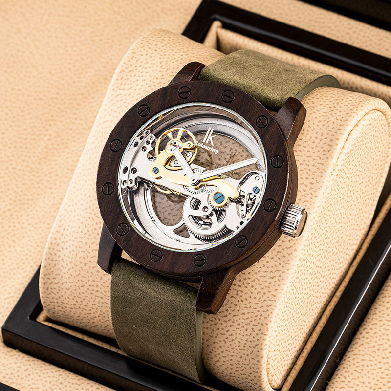 IK阿帕琦新款機械錶男士商務鏤空全自動真皮木錶個性百搭休閒手錶