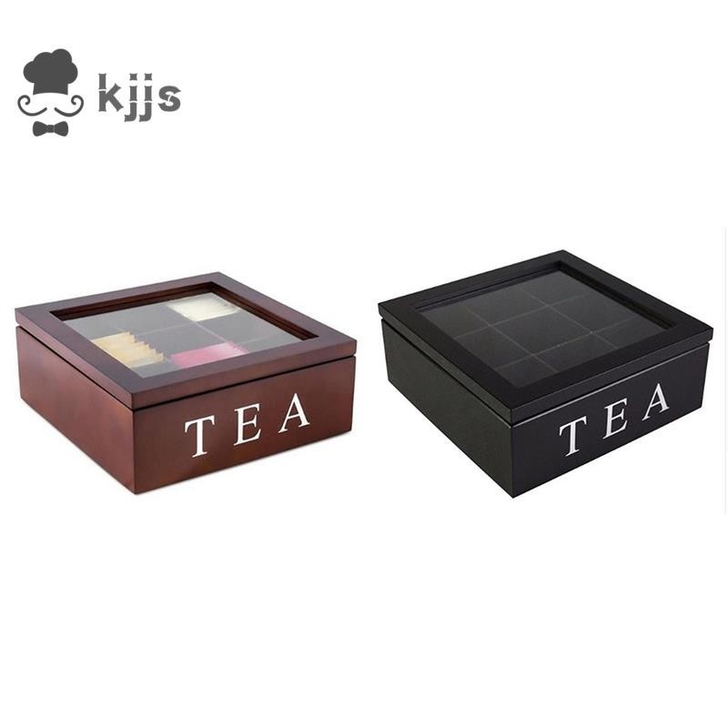 木質9格茶盒茶包容器收納盒方形禮盒盒透明頂蓋首飾收納盒