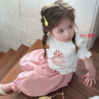 Ary 女童短袖 寶寶衣服 女童套裝 女童夏季卡通套裝 幼兒園中小童女寶寶洋氣吸汗棉T恤 七分褲兩件套 兒童七分褲