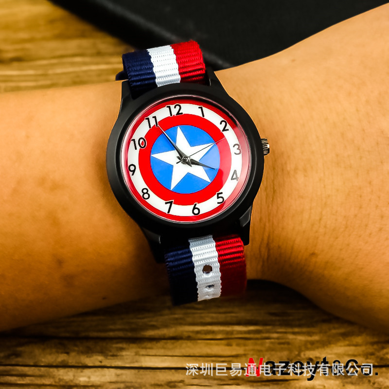 中小學生美國隊長兒童手錶 盾牌尼龍男女學生石英錶