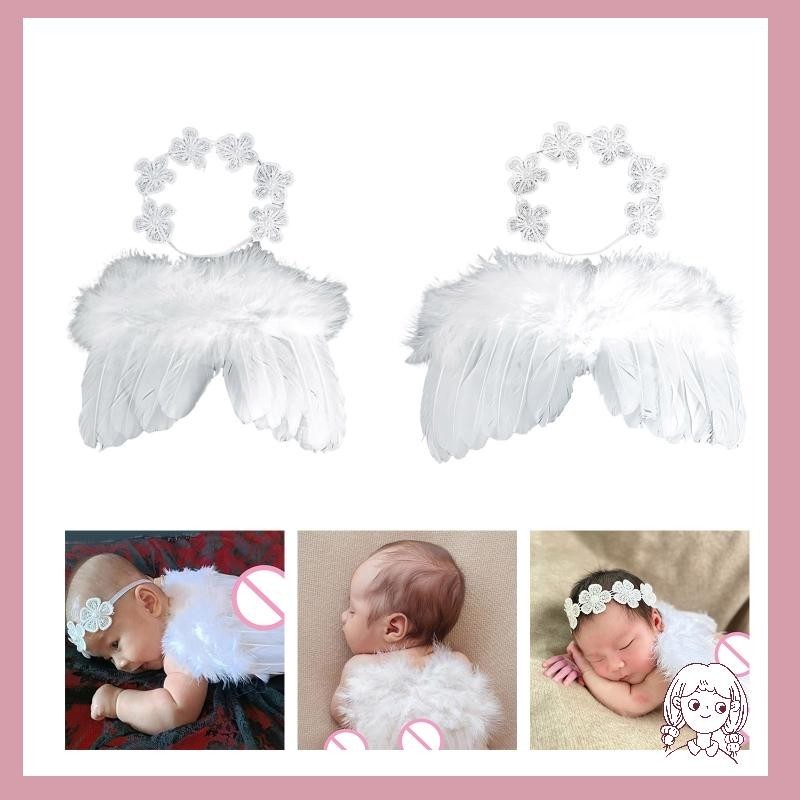 哈哈 2 件嬰兒拍照天使服裝翅膀蕾絲花朵頭帶照片擺姿勢道具攝影衣服新生兒洗澡