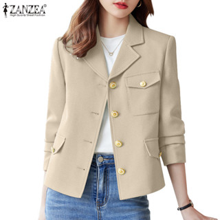 Zanzea 女士韓版日常休閒長袖口袋純色西裝外套
