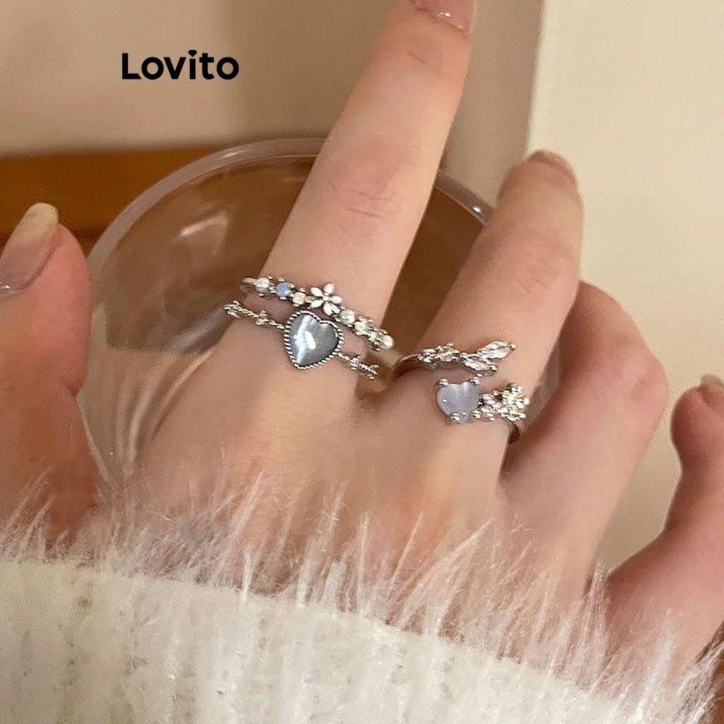 Lovito 休閒素色金屬月光石可調式女式戒指 LFA16339